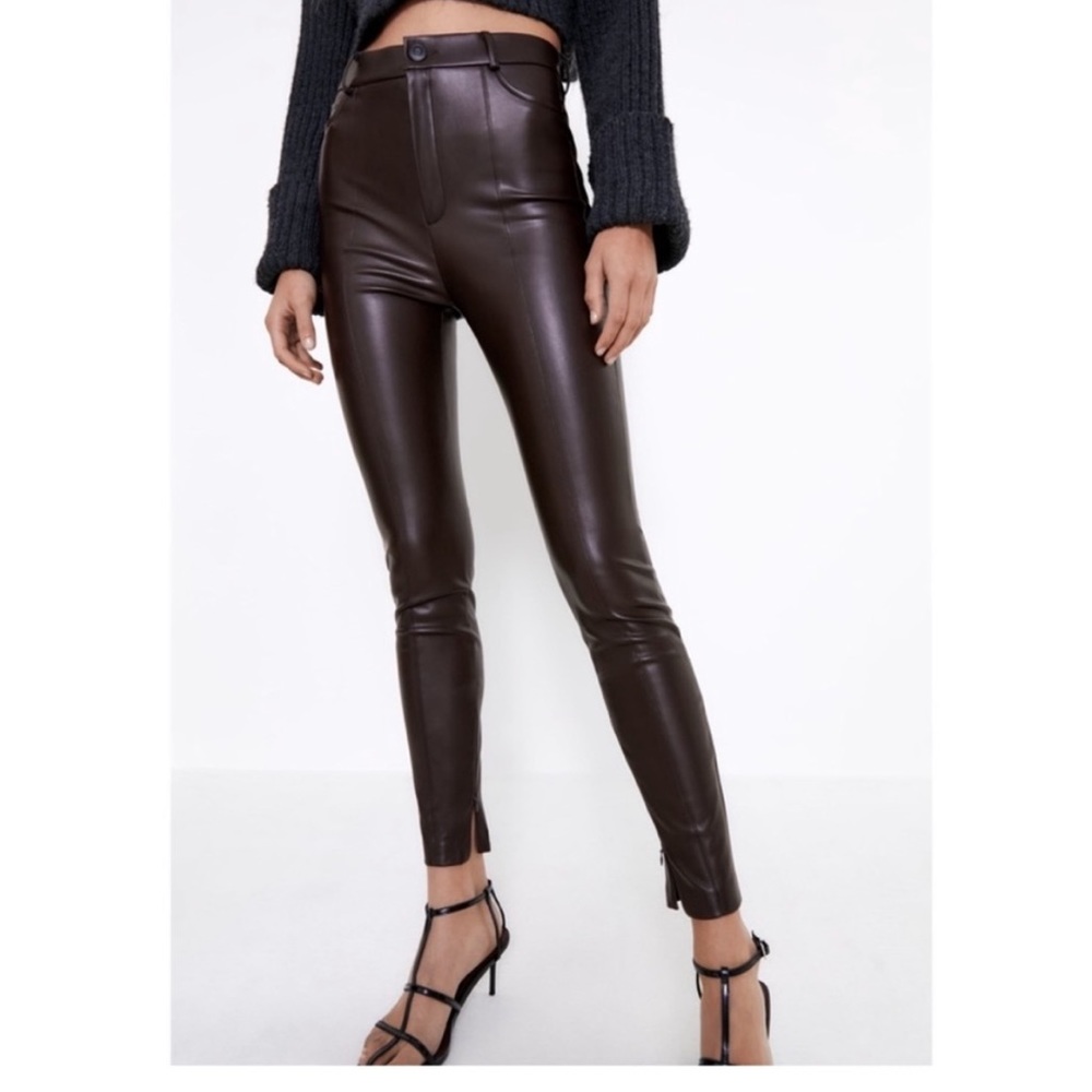 Zara Brown Faux Leather Ankle Zip Pants